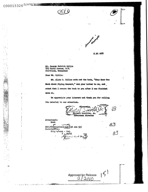 First page of CIAUFO - UntitledtoGeorgeWyllieFromHerbertScovilleAboutBooktheyKnewTooMuchAboutFlyingSaucersDoc_0005515870