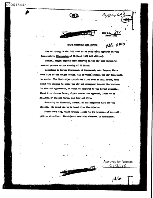 First page of CIAsX-Files-2015UFORelease - UFO'S OBSERVED OVER NORWAY DOC_0005516086