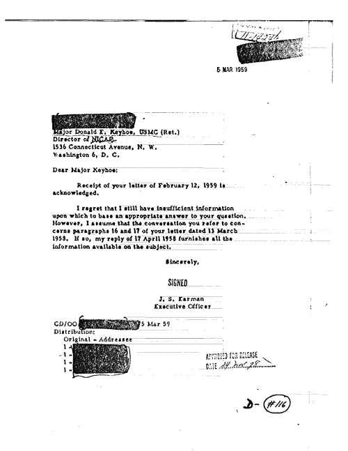 First page of CIAUFO - TO DONALD KEYHOE FROM J. S. EARMAN STATING STILL HAVE INSUFFICIENT