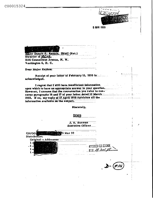 First page of CIAUFO - UntitledtoDonaldKeyhoeFromJ.s.EarmanStatingStillHaveSufficientInformationUponWhichToBaseAnAppropriateAnswerToYourQuest