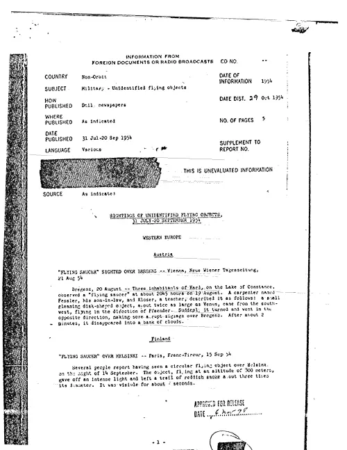 First page of CIAUFO - SIGHTINGS OF UNIDENTIFIED FLYING OBJECTS, 31 JULY-20 SEPTEMBER 1954