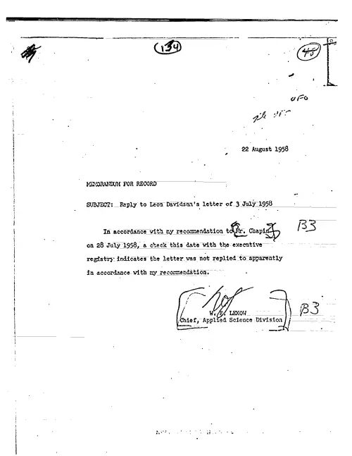 First page of CIAUFO - REPLY TO LEON DAVIDSON'S LETTER OF 3 JULY 1958