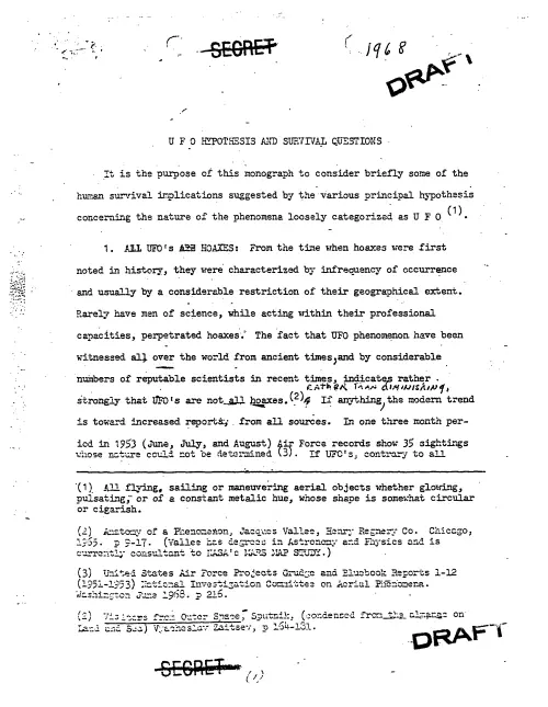 First page of NSAUFO - NSA Document - UFO Hypothesis & Survival Questions (1968)