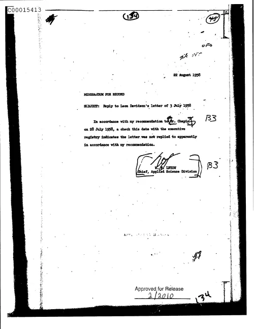 First page of CIAsX-Files-2015UFORelease - REPLY TO LEON DAVIDSON'S LETTER OF 3 JULY 1958 DOC_0005516047