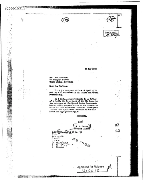 First page of CIAUFO - UntitledtoLeonDavidsonFromJ.s.HarmanAcknowledgingHisLettersOfApril27AndMay16Doc_0005515806