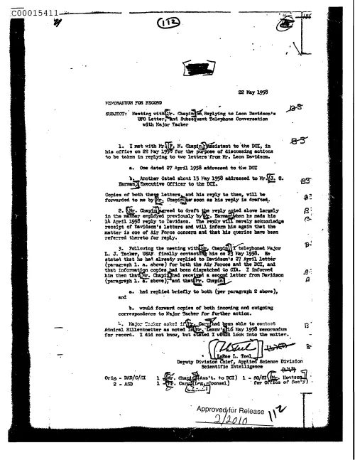 First page of CIAsX-Files-2015UFORelease - MEETING WITH MR. CHAPIN ON REPLYING TO LEON DAVIDSON'S UFO LETTER, AND SUBSEQUENT TELEPHONE CONVER
