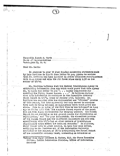 First page of CIAUFO - TO JOSEPH KARTH FROM LAWRENCE HOUSTON REGARDING 30 JUNE INQUIRY