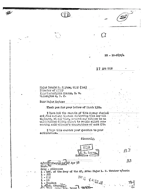 First page of CIAUFO - TO DONALD KEYHOE FROM J S HARMAN STATING FOUND NOTHING REFLECTING
