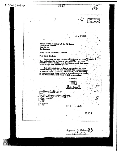 First page of CIAUFO - UntitledtoLawrenceThackerFromJ.s.HarmanEnclosingLettersOfDonaldKeyhoeAndLeonDavidsonAndCopiesOfOurRepliesToTheseLetter