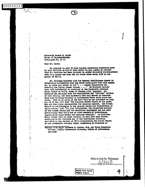 First page of CIAsX-Files-2015UFORelease - UNTITLED (TO JOSEPH KARTH FROM LAWRENCE HOUSTON REGARDING 30 JUNE INQUIRY CONCERNING STATEMENTS MA