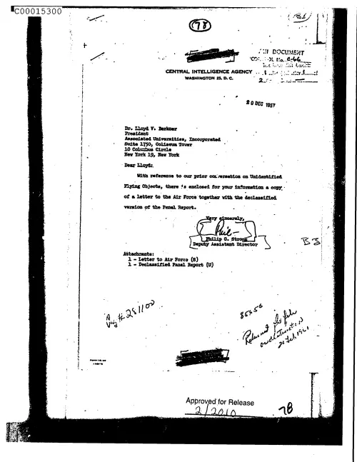 First page of CIAsX-Files-2015UFORelease - UNTITLED (TO LLOYD BERKNER FROM PHILIP STRONG ENCLOSING COPY OF A LETTER AND DECLASSIFIED VERSION 