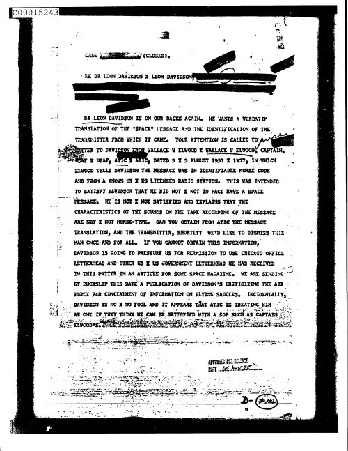 First page of CIAsX-Files-2015UFORelease - UNTITLED (DAVIDSON WANTS A VERBATIM TRANSLATION OF THE 'SPACE MESSAGE AND THE IDENTIFICATION OF TH