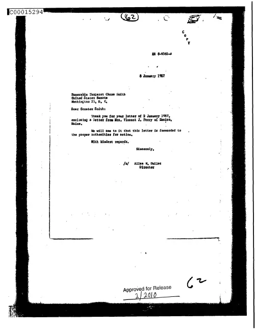First page of CIAUFO - UntitledtoMargaretSmithFromAllenDullesThankingHerForForwardingLetterFromMrs.VincentJ.PerryDoc_0005515722