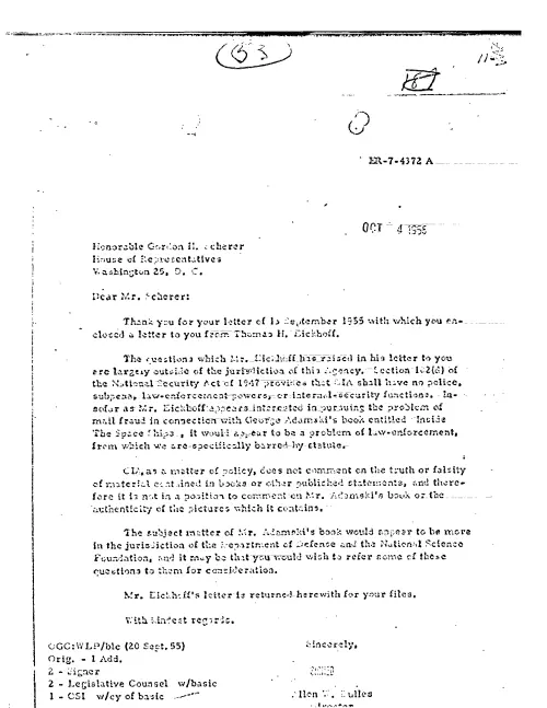First page of CIAUFO - TO GORDON SCHERER FROM ALLEN DULLES DISCUSSING THOMAS EICKHOF FS LET