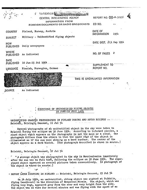 First page of CIAUFO - SIGHTINGS OF UNIDENTIFIED FLYING OBJECTS 10 JUNE-15 JULY 1954