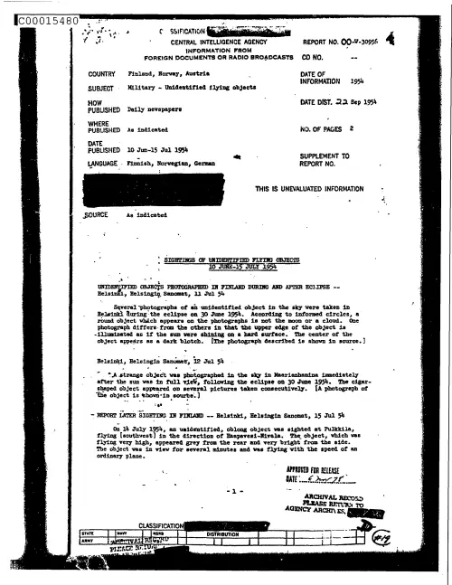 First page of CIAsX-Files-2015UFORelease - SIGHTINGS OF UNIDENTIFIED FLYING OBJECTS 10 JUNE-15 JULY 1954 DOC_0005516191