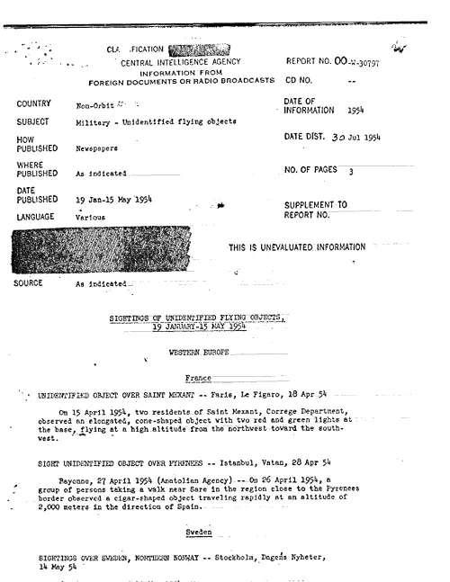 First page of CIAUFO - SIGHTINGS OF UNIDENTIFIED FLYING OBJECTS, 19 JANUARY-15 MAY 1954