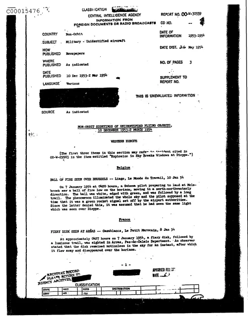 First page of CIAUFO - Non-orbitSightingsOfUnidentifiedFlyingObjects10December1953-2March1954Doc_0005516171
