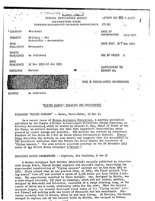 First page of CIAUFO - 'FLYING SAUCER' THEORIES AND EXPERIMENTS