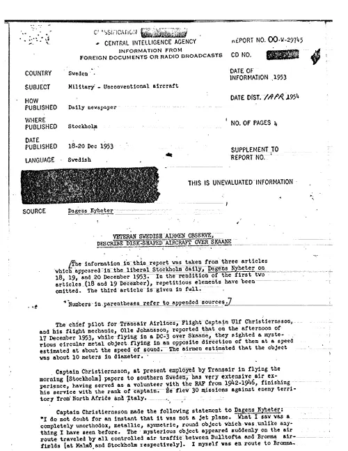 First page of CIAUFO - VETERAN SWEDISH AIRMEN OBSERVE, DESCRIBE DISK-SHAPED AIRCRAFT OVER SKAAN