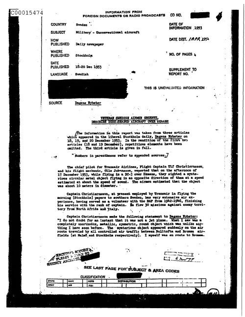 First page of CIAsX-Files-2015UFORelease - VETERAN SWEDISH AIRMEN OBSERVE, DESCRIBE DISK-SHAPED AIRCRAFT OVER SKAANE DOC_0005516165