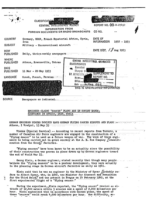 First page of CIAUFO - ENGINEER CLAIMS 'SAUCER' PLANS ARE IN SOVIET HANDS; SIGHTINGS IN AFRICA, IRAN
