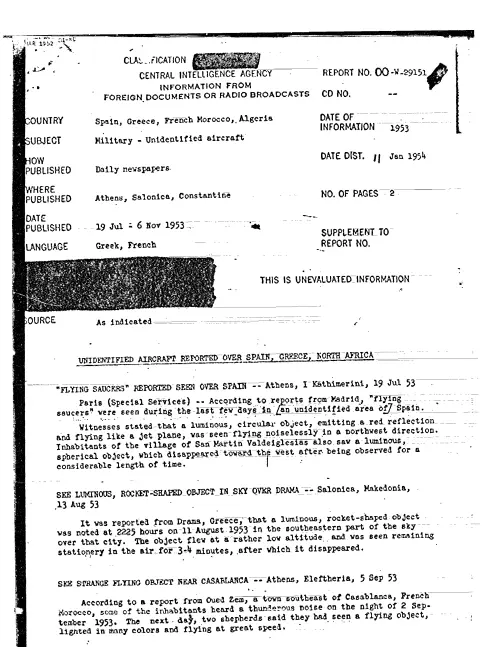 First page of CIAUFO - UNIDENTIFIED AIRCRAFT REPORTED OVER SPAIN, GREECE, NORTH AFRICA