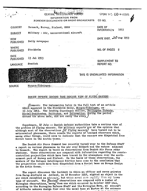 First page of CIAUFO - DANISH DEFENSE LEADERS TAKE SERIOUS VIEW OF FLYING SAUCERS