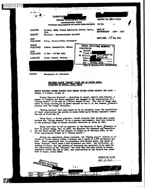First page of CIAsX-Files-2015UFORelease - ENGINEER CLAIMS 'SAUCER' PLANS ARE IN SOVIET HANDS; SIGHTINGS IN AFRICA, IRAN, SYRIA DOC_000551615