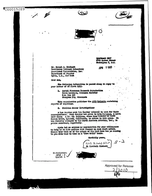 First page of CIAUFO - UntitledtoSamuelGoudsmitFromH.MarshallChadwellRegardingPassingInformationOnAerialPhenomenaResearchOrganizationDoc_0005