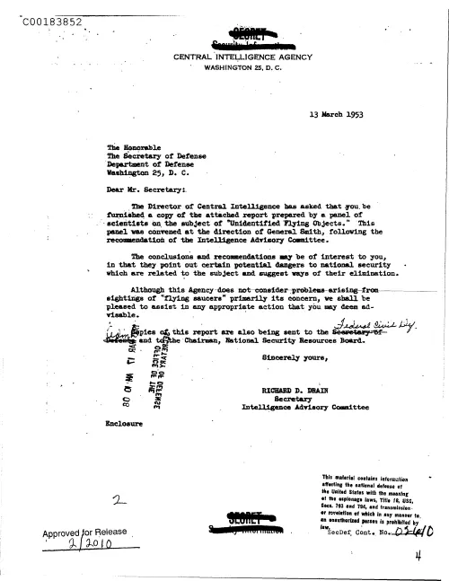 First page of CIAsX-Files-2015UFORelease - LETTER TO SECRETARY OF DEFENSE WITH THREE ATTACHMENTS RE UNIDENTIFIED FLYING OBJECTS (UFO'S) DOC_0