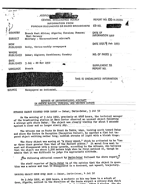 First page of CIAUFO - REPORTS OF UNCONVENTIONAL AIRCRAFT IN FRENCH AFRICA, CORSICA, AND WESTERN EUROPE