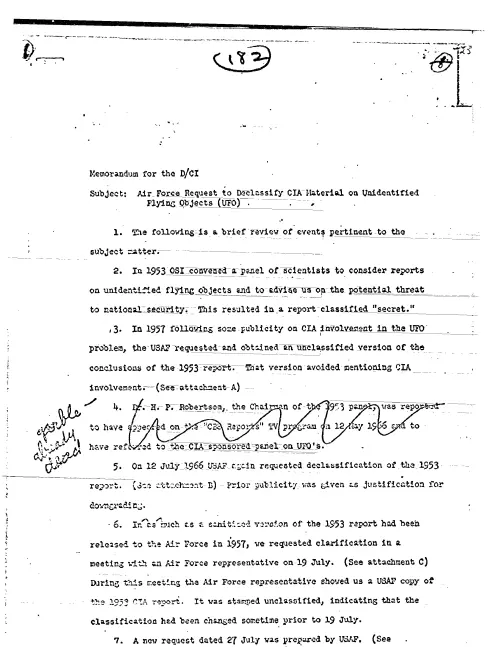 First page of CIAUFO - AIR FORCE REQUEST TO DECLASSIFY CIA MATERIAL ON UNIDENTIFIED FLYING OBJECTS