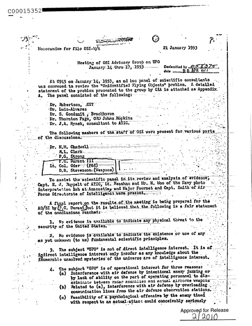 First page of CIAsX-Files-2015UFORelease - MEETING OF OSI ADVISORY GROUP ON UFO JANUARY 14 THRU 17, 1953 DOC_0005515967