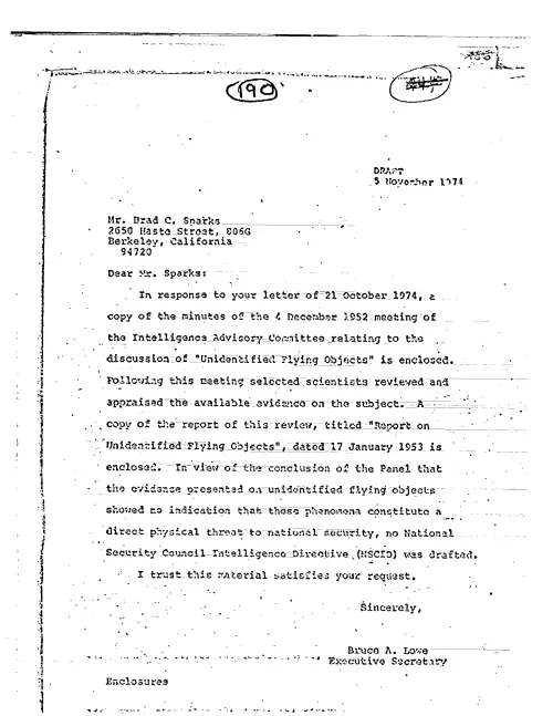First page of CIAUFO - TO SPARKS FROM LOWE RESPONDING TO LETTER OF 21 OCTOBER 1974