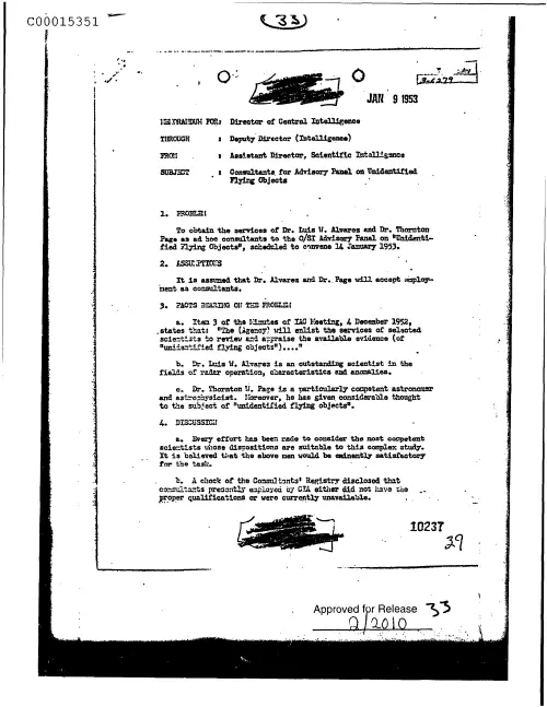 First page of CIAsX-Files-2015UFORelease - CONSULTANTS FOR ADVISORY PANEL ON UNIDENTIFIED FLYING OBJECTS (WITH MEMO ATTACHED DATED 520109) DO