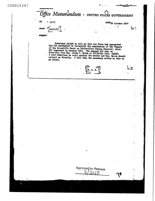 First page of CIAUFO - UntitledairForceRequestedPermissionFromRobertsonToDeclassifyTheConclusionsOfTheReportofTheScientificPanelOnUnidentifie