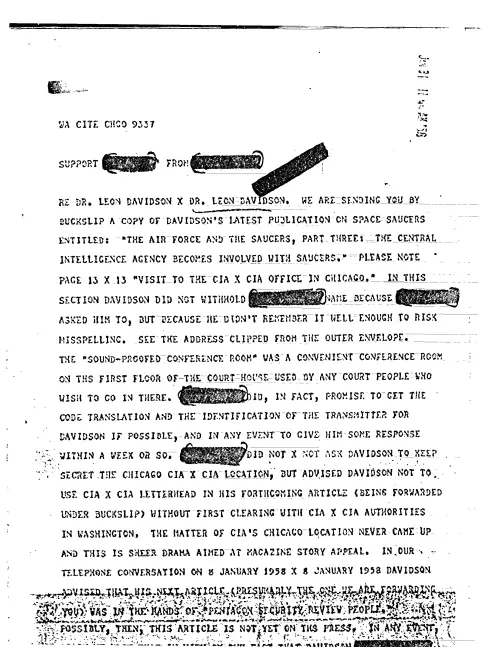 First page of CIAUFO - SUPPORT (DELETED) FROM (DELETED) (DISCUSSES DAVIDSON'S ARTICLES AND PAG E 13-V
