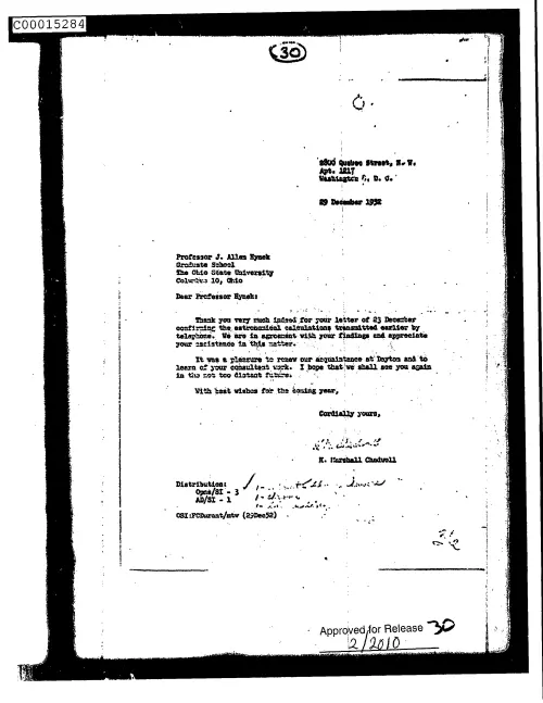 First page of CIAsX-Files-2015UFORelease - UNTITLED (TO J, ALLEN HYNEK FROM H. MARSHALL CHADWELL THANKING HIM FOR LETTER OF 23 DECEMBER CONFI