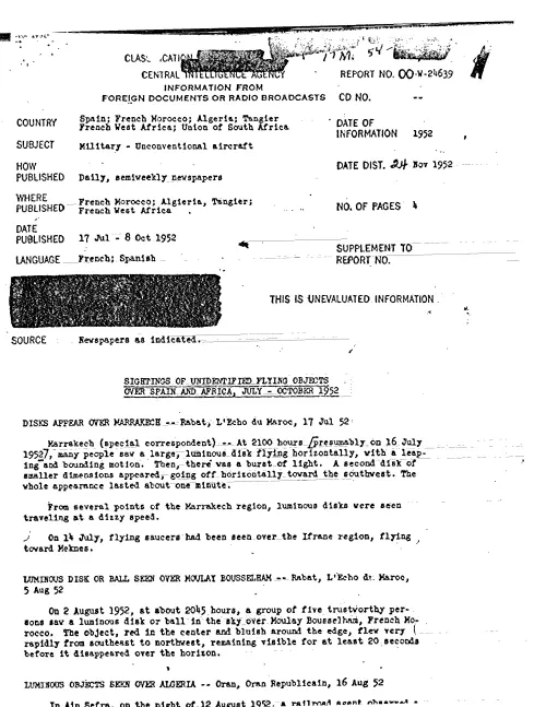 First page of CIAUFO - SIGHTINGS OF UNIDENTIFIED FLYING OBJECTS OVER SPAIN AND AFRICA, JULY - OCTOBER