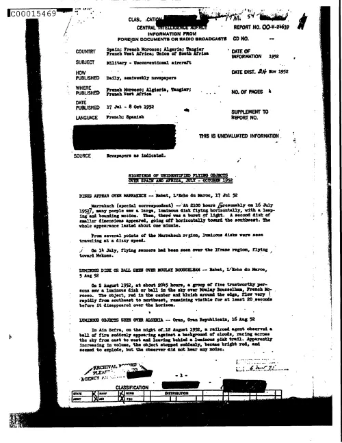 First page of CIAsX-Files-2015UFORelease - SIGHTINGS OF UNIDENTIFIED FLYING OBJECTS OVER SPAIN AND AFRICA, JULY-OCTOBER 1952 DOC_0005516155
