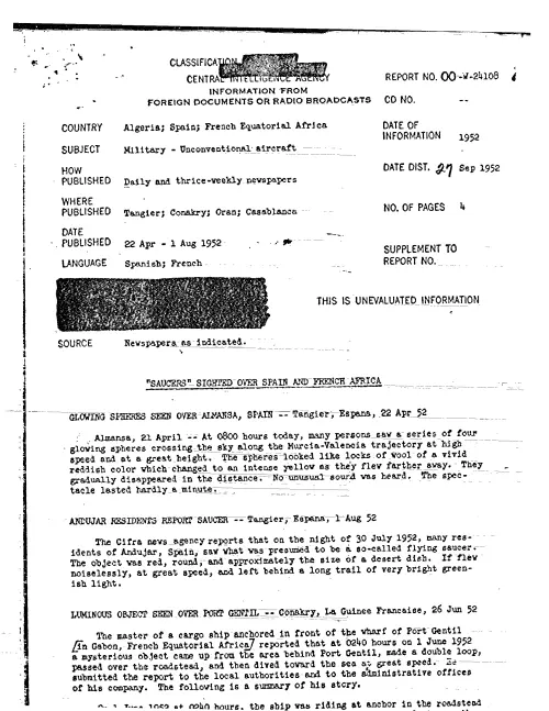 First page of CIAUFO - 'SAUCERS' SIGHTED OVER SPAIN AND FRENCH AFRICA