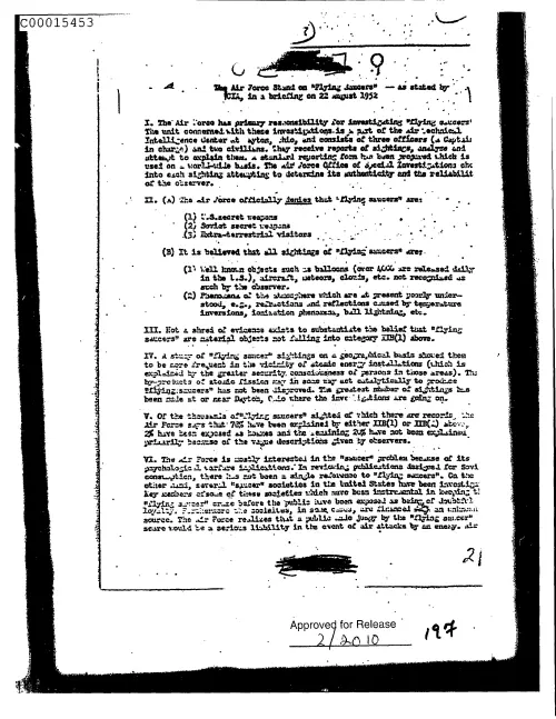 First page of CIAUFO - TheAirForceStandOnFlyingSaucers-AsStatedByCiaInABriefingOn22August1952withAttachmentsFlyingSaucersDated520819And520814