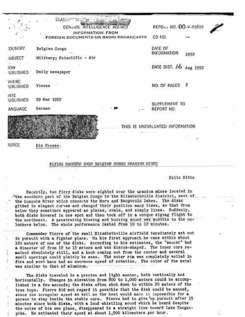 First page of CIAUFO - FLYING SAUCERS OVER BELGIAN CONGO URANIUM MINES