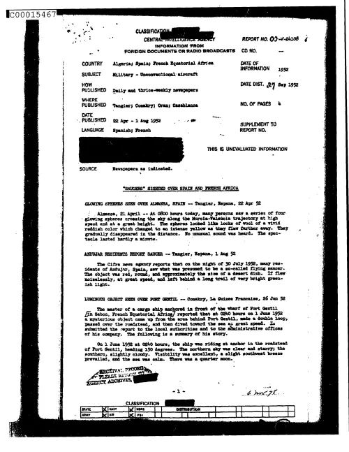 First page of CIAUFO - SaucersSightedOverSpainAndFrenchAfricaDoc_0005516152
