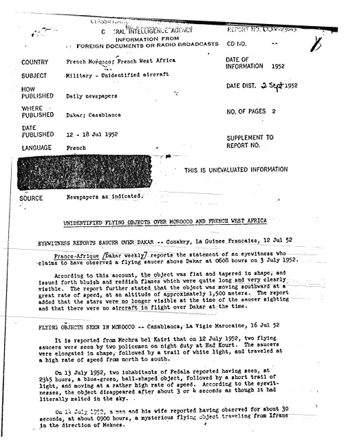 First page of CIAUFO - UNIDENTIFIED FLYING OBJECTS OVER MOROCCO AND FRENCH WEST AFRICA