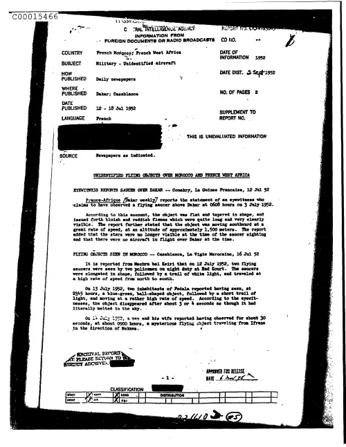 First page of CIAUFO - UnidentifiedFlyingObjectsOverMoroccoAndFrenchWestAfricaDoc_0005516149