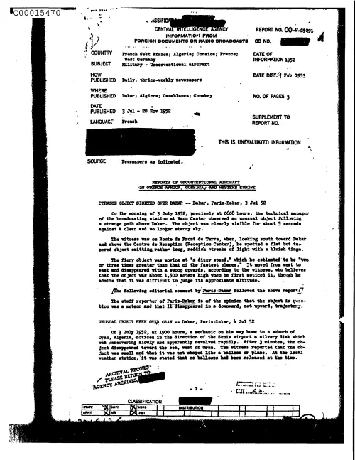 First page of CIAUFO - ReportsOfUnconventionalAircraftInFrenchAfricaCorsicaAndWesternEuropeDoc_0005516157