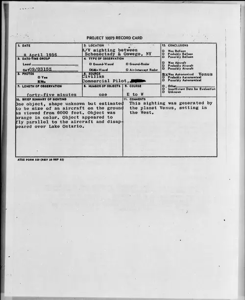 First page of 1956.04 - 6785530 - A-V Sighting Between Schenectady and Oswego, NY