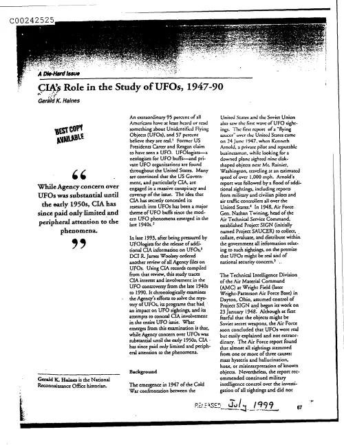 First page of CIAsX-Files-2015UFORelease - (EST PUB DATE) CIA'S ROLE IN THE STUDY OF UFO'S, 1947-90, BY GERALD K. HAINES DOC_0005517742